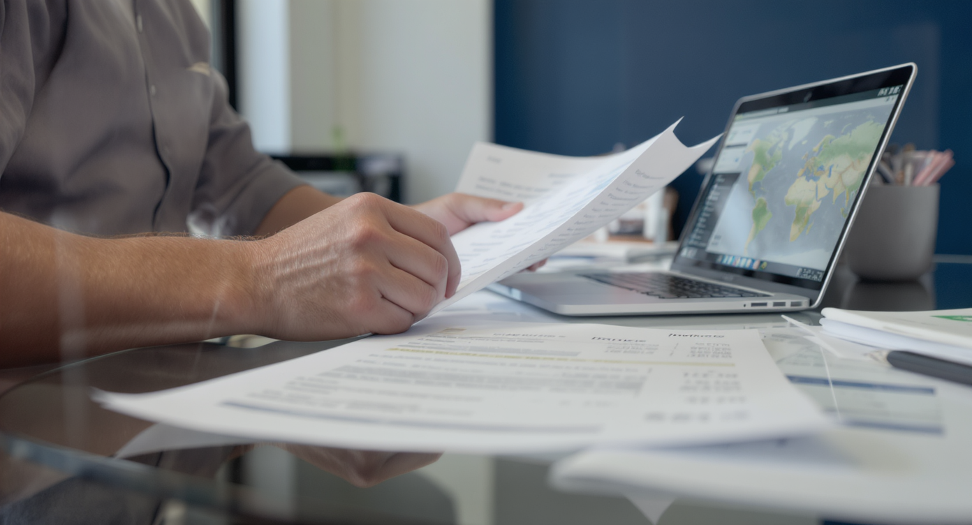 Dedicated logistics account manager assisting a client with shipping invoices in a modern Dubai office.