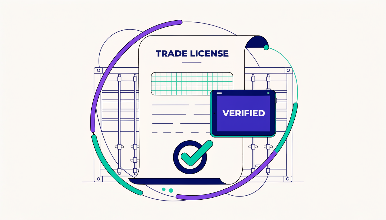 Vector illustration of a verified trade license document and customs credentials for Dubai logistics.