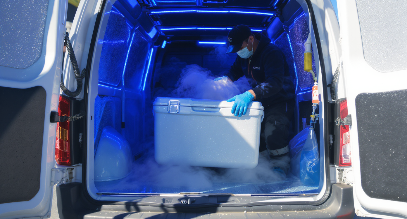 Worker loading a medical cooler into a refrigerated van for temperature-controlled last-mile delivery in the UAE.