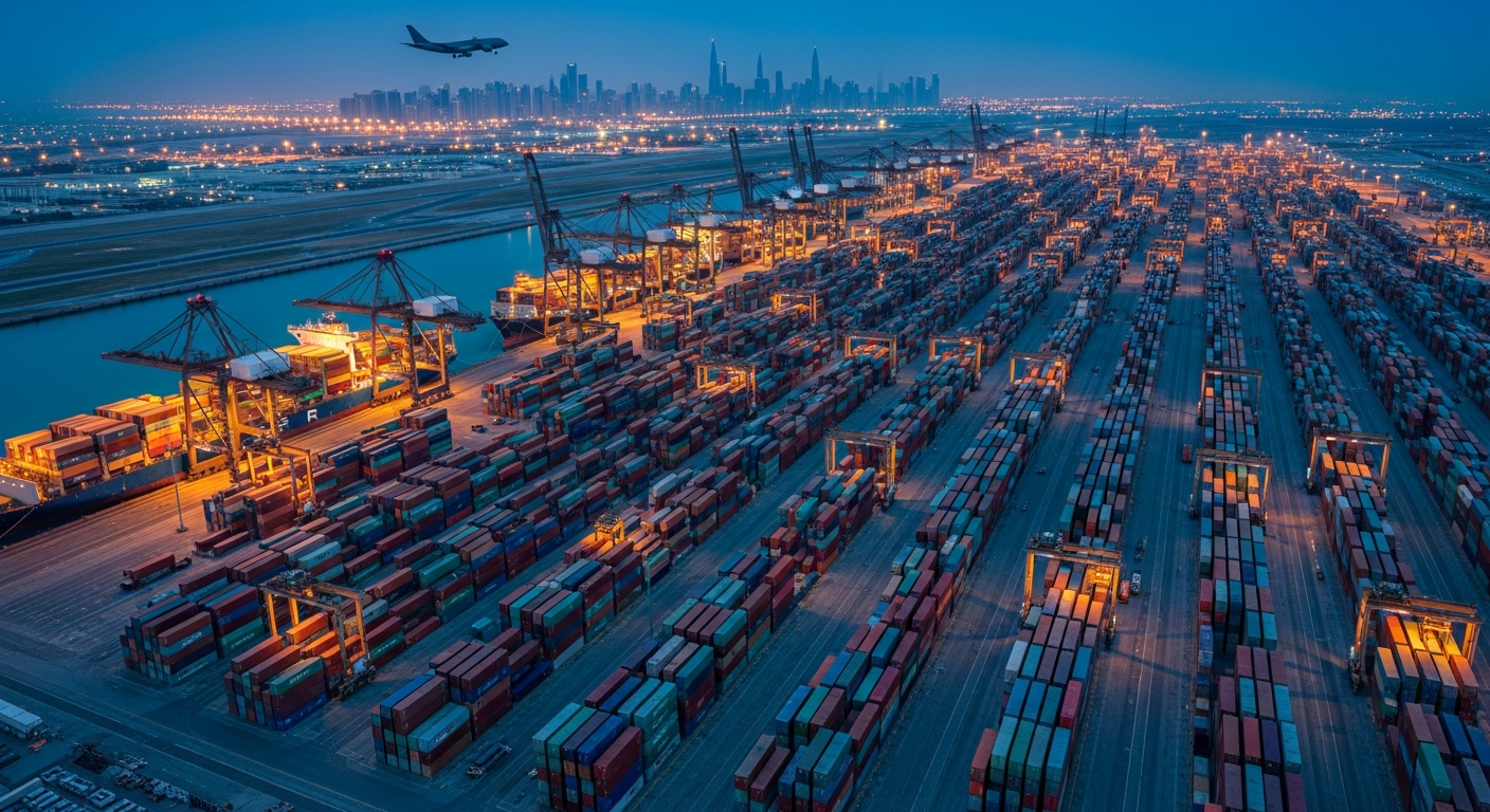 Aerial view of Jebel Ali Port in Dubai at blue hour — cargo plane overhead, dense container yard with colorful shipping containers, cranes, and Dubai skyline