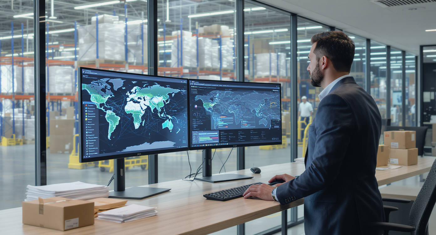 Logistics operations manager at a standing desk with dual monitors showing global shipping dashboards, overlooking a warehouse sorting floor