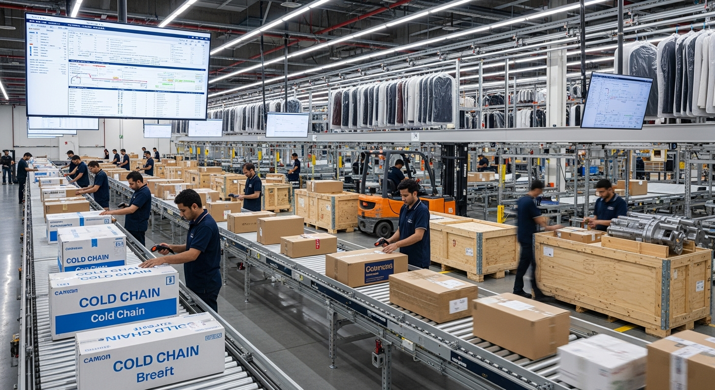 Modern logistics sorting hub processing diverse shipments — cold chain boxes, fashion garments, industrial crates, e-commerce parcels