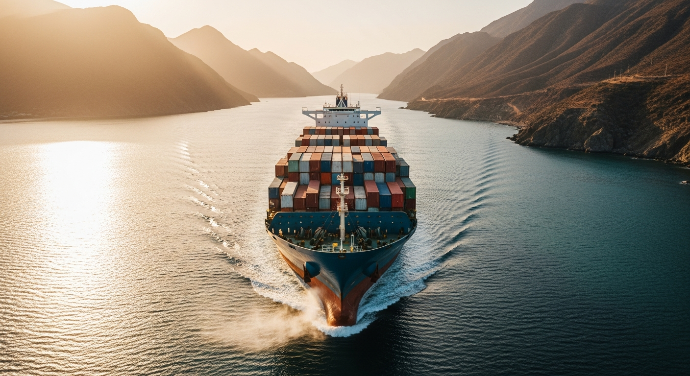 Aerial view of a large cargo ship navigating a narrow coastal waterway flanked by mountains, representing UAE shipping routes.