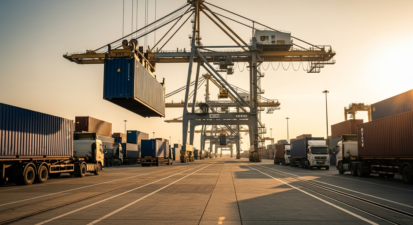 Deep blue cargo containers loaded onto flatbed trucks at a busy port terminal.