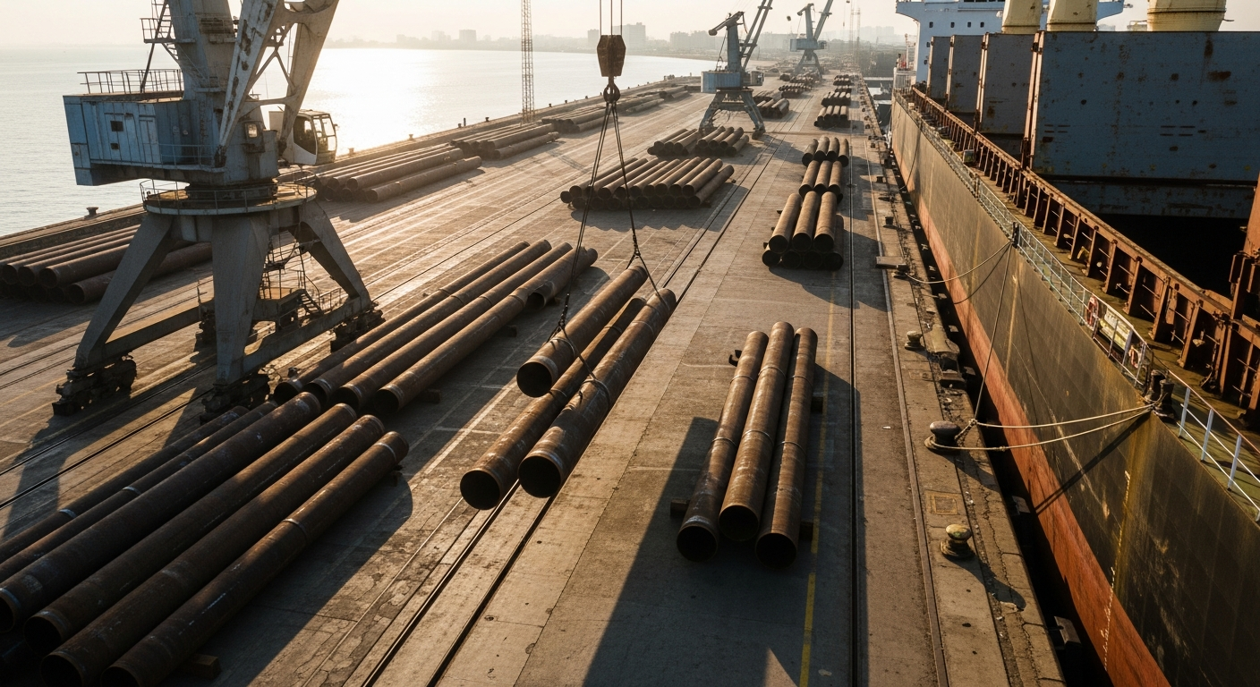 Aerial view of heavy industrial pipes loaded onto a transport vessel at a port during golden hour.