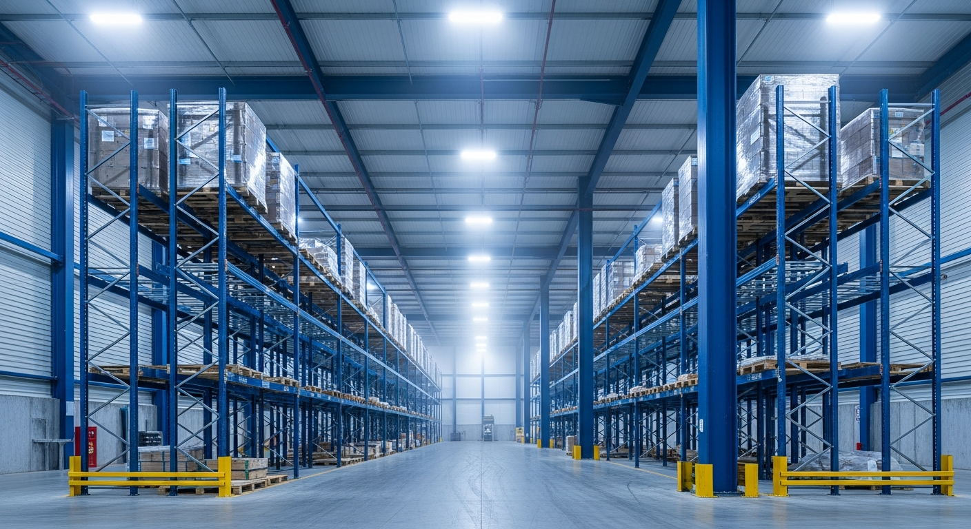 Interior of a high-tech temperature-controlled warehouse with tall racking and palletized cargo for Dubai logistics.