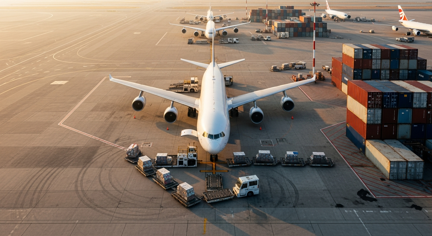 Aerial view of a commercial cargo plane and shipping containers at a busy Dubai logistics terminal during morning operations.