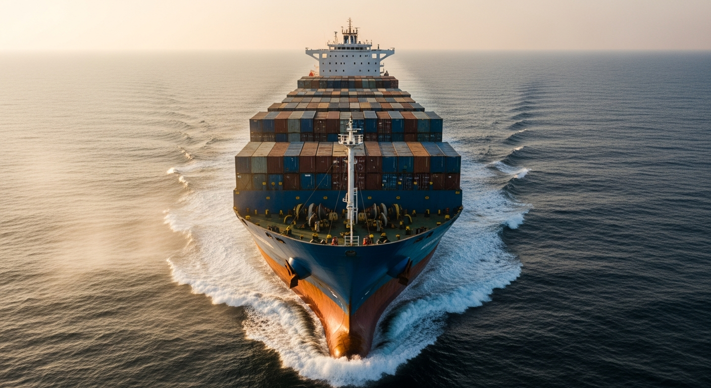 Aerial view of a massive cargo ship fully loaded with containers navigating a deep blue ocean trade route at sunset.