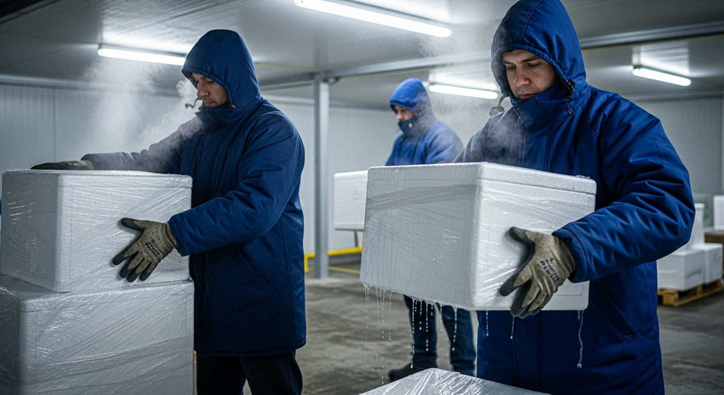 Logistics workers handling temperature-controlled medical cargo in a refrigerated warehouse facility.