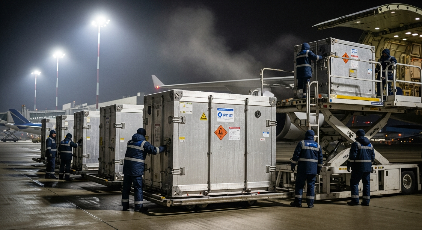Insulated pharmaceutical cargo containers being loaded onto a freight aircraft at night.