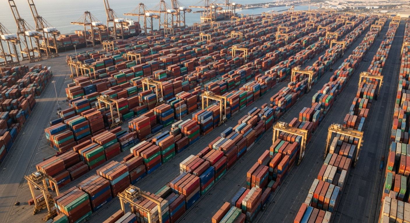 Aerial view of stacked shipping containers and gantry cranes at Jebel Ali Port in Dubai.