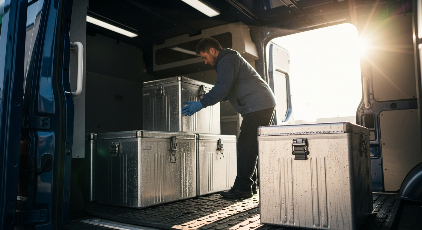 Express delivery van loading temperature-controlled pharmaceutical cargo in Dubai.