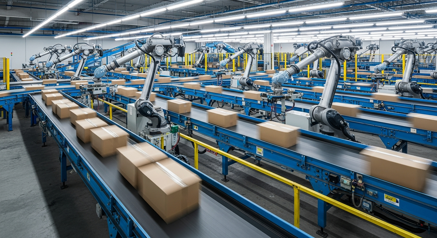 Automated robotic arms sorting boxes on conveyor belts inside a modern warehouse facility.