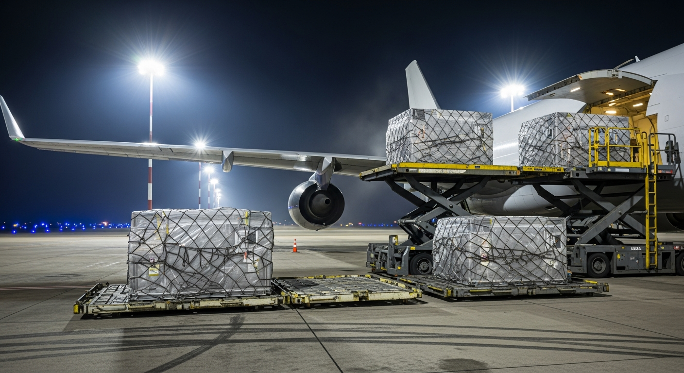 Cargo pallets being loaded onto a modern freight aircraft at night on an illuminated airport tarmac.