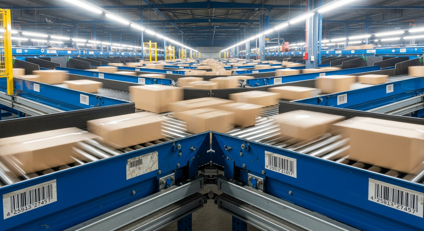 Automated parcel sorting conveyor system moving cardboard boxes in a high-volume international logistics facility.