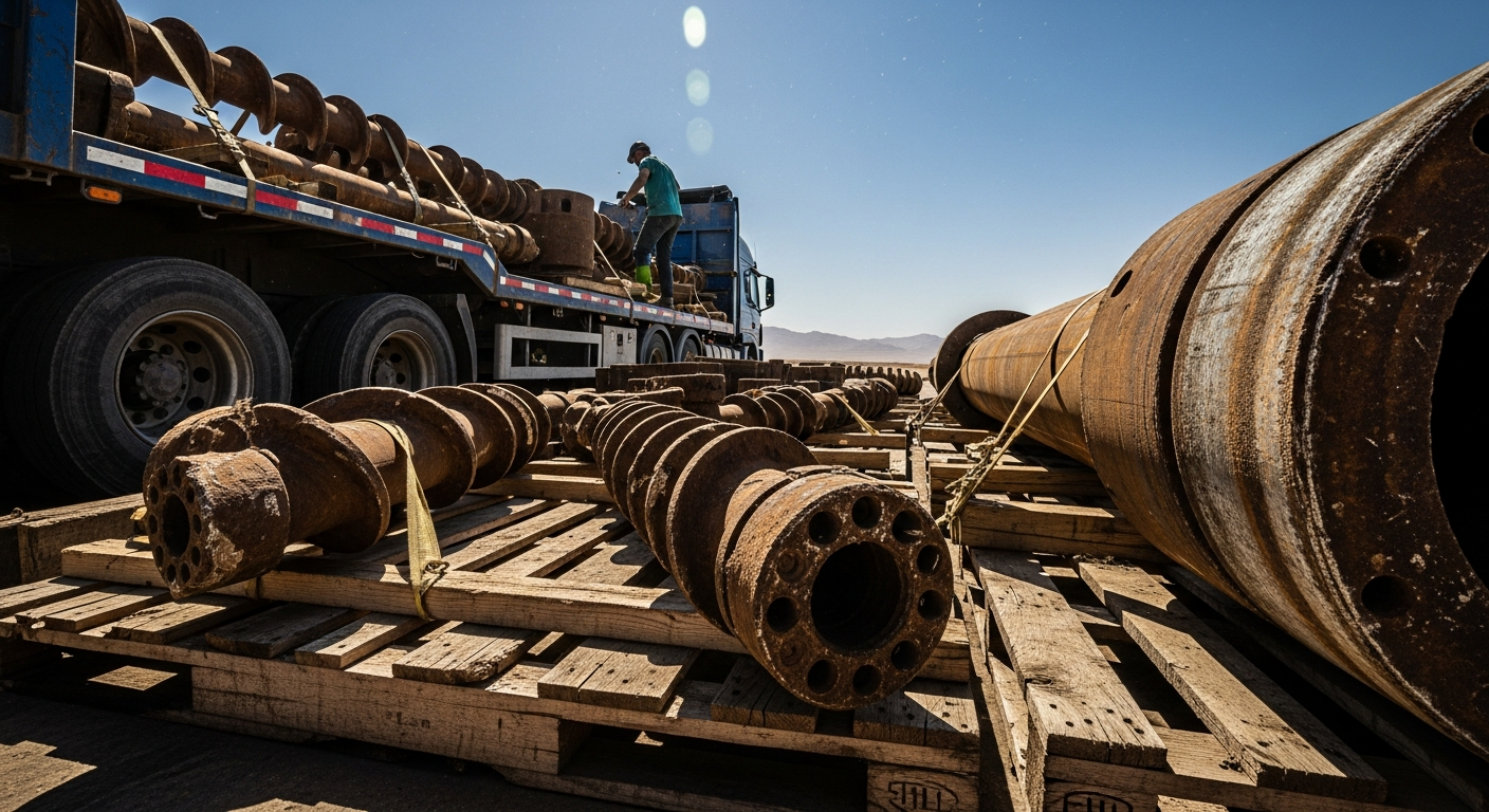 Heavy industrial cargo and drilling components being loaded onto a transport truck in a loading bay.