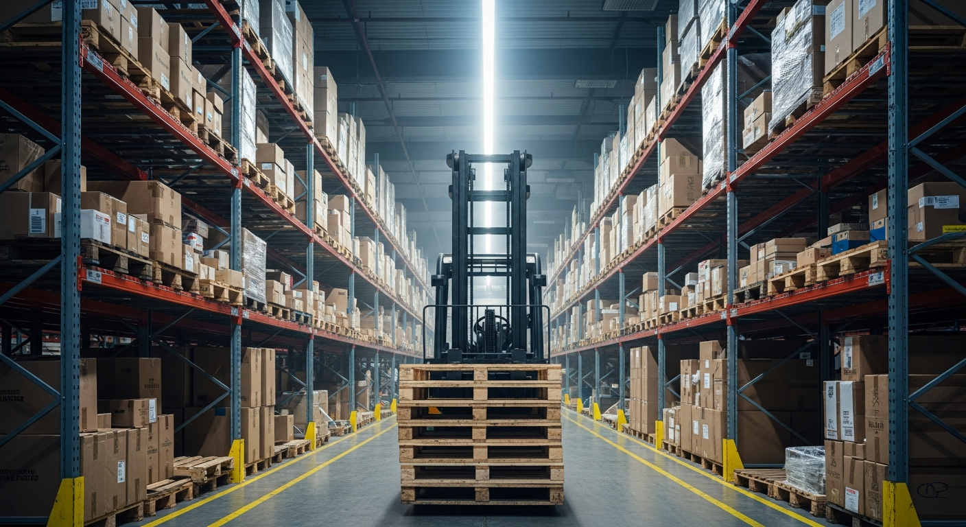 Forklift moving loaded pallets in a busy shared warehouse facility with tall storage racks and concrete floors.