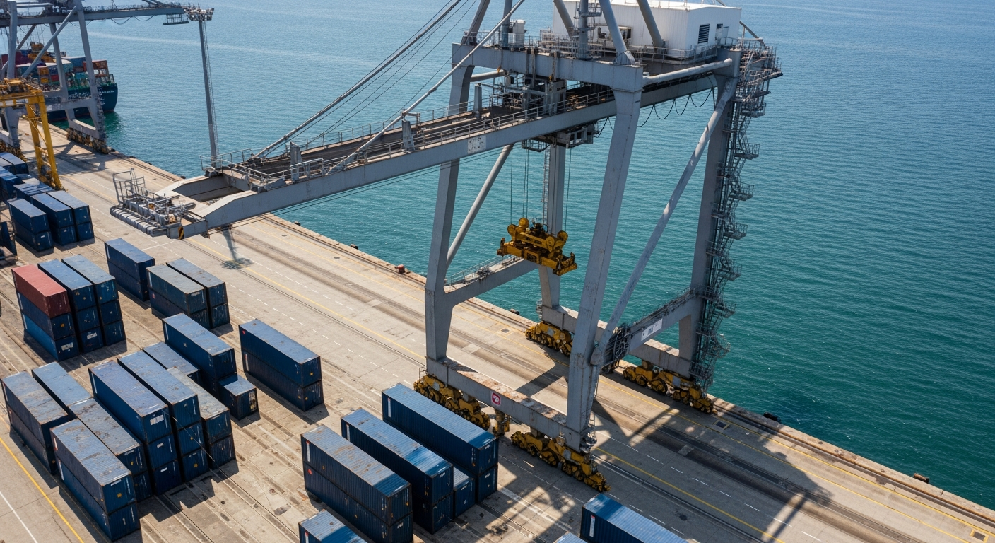 Massive crane lifting heavy industrial oil equipment at a busy seaport terminal.