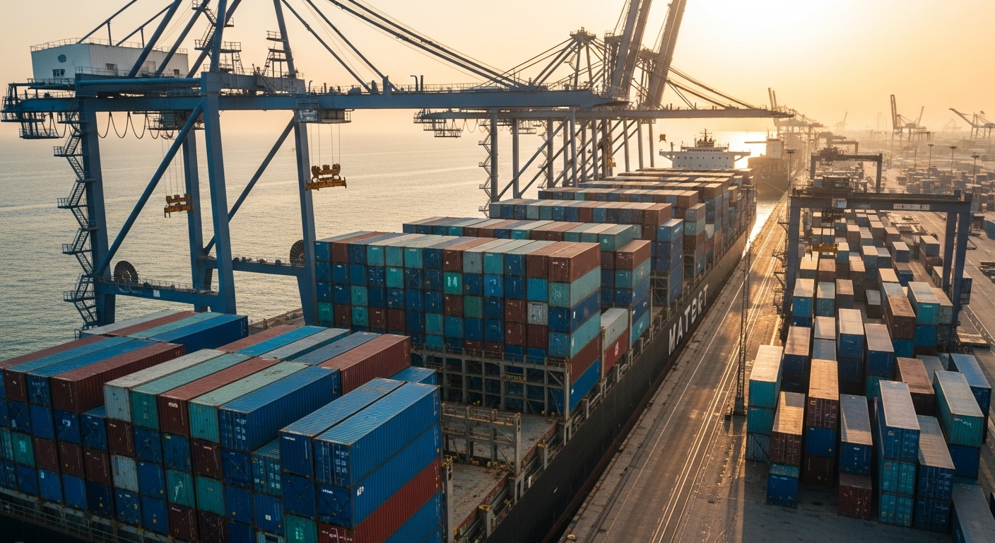 Aerial view of cargo containers being loaded onto a shipping vessel at a busy Dubai port terminal.