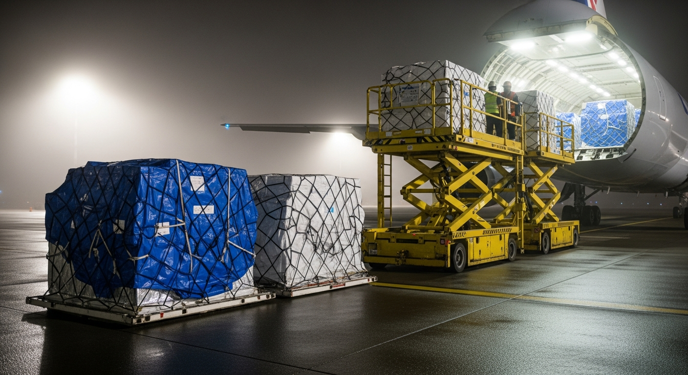 Insulated pharmaceutical cargo loaded onto an airplane at night under bright LED lights.