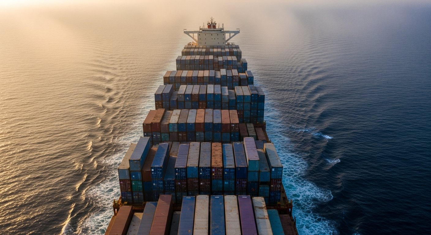 Aerial view of a large container ship navigating ocean waters during golden hour for Dubai international shipping routes.
