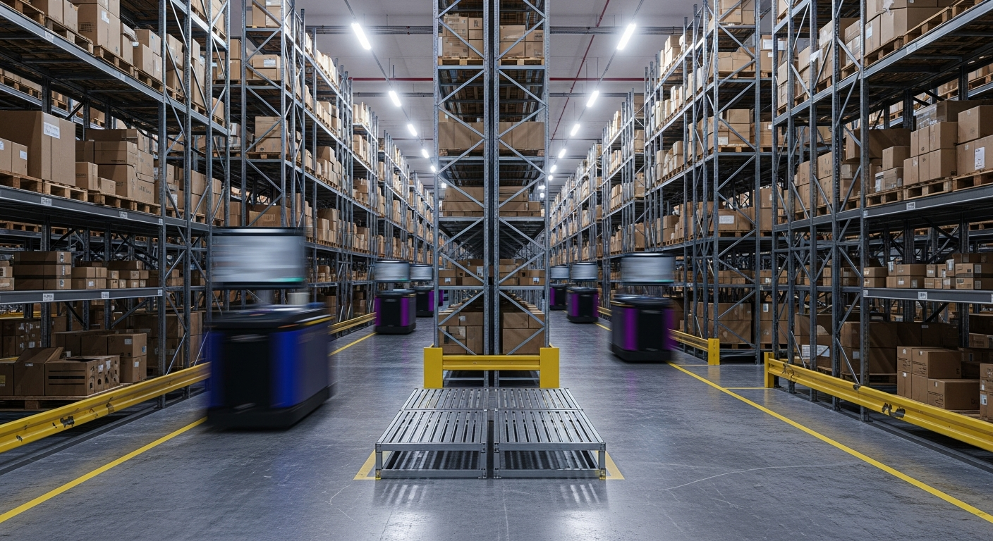 Automated robotic picking systems moving through a large modern fulfillment center with tall shelving and cardboard boxes.
