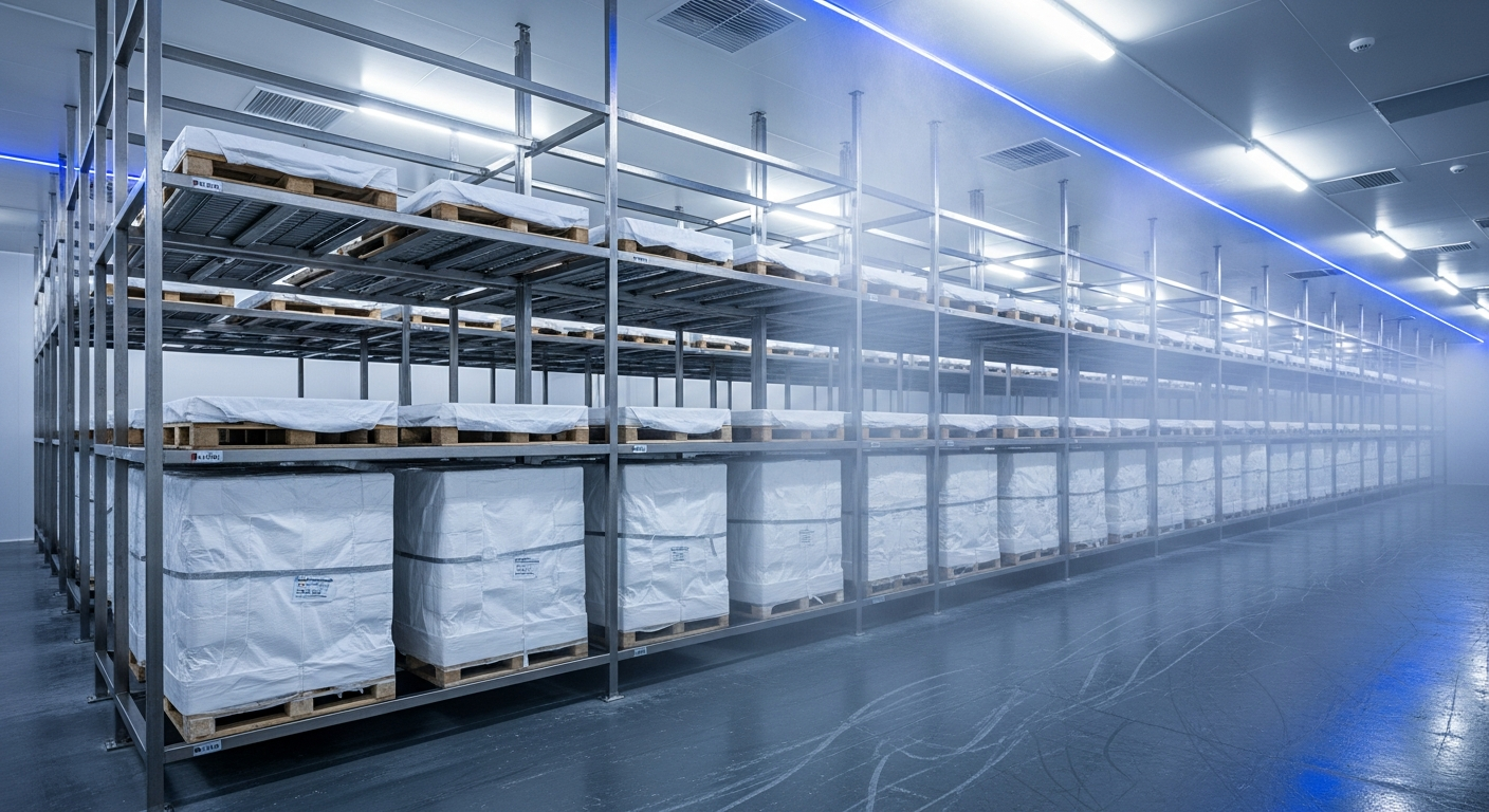 Insulated pharmaceutical cargo pallets in a temperature-controlled cold storage warehouse.