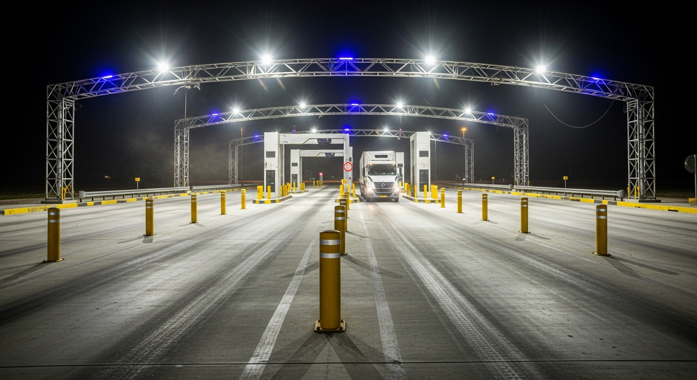 Semi-truck passing through an automated cargo scanning portal at a modern customs checkpoint at night.