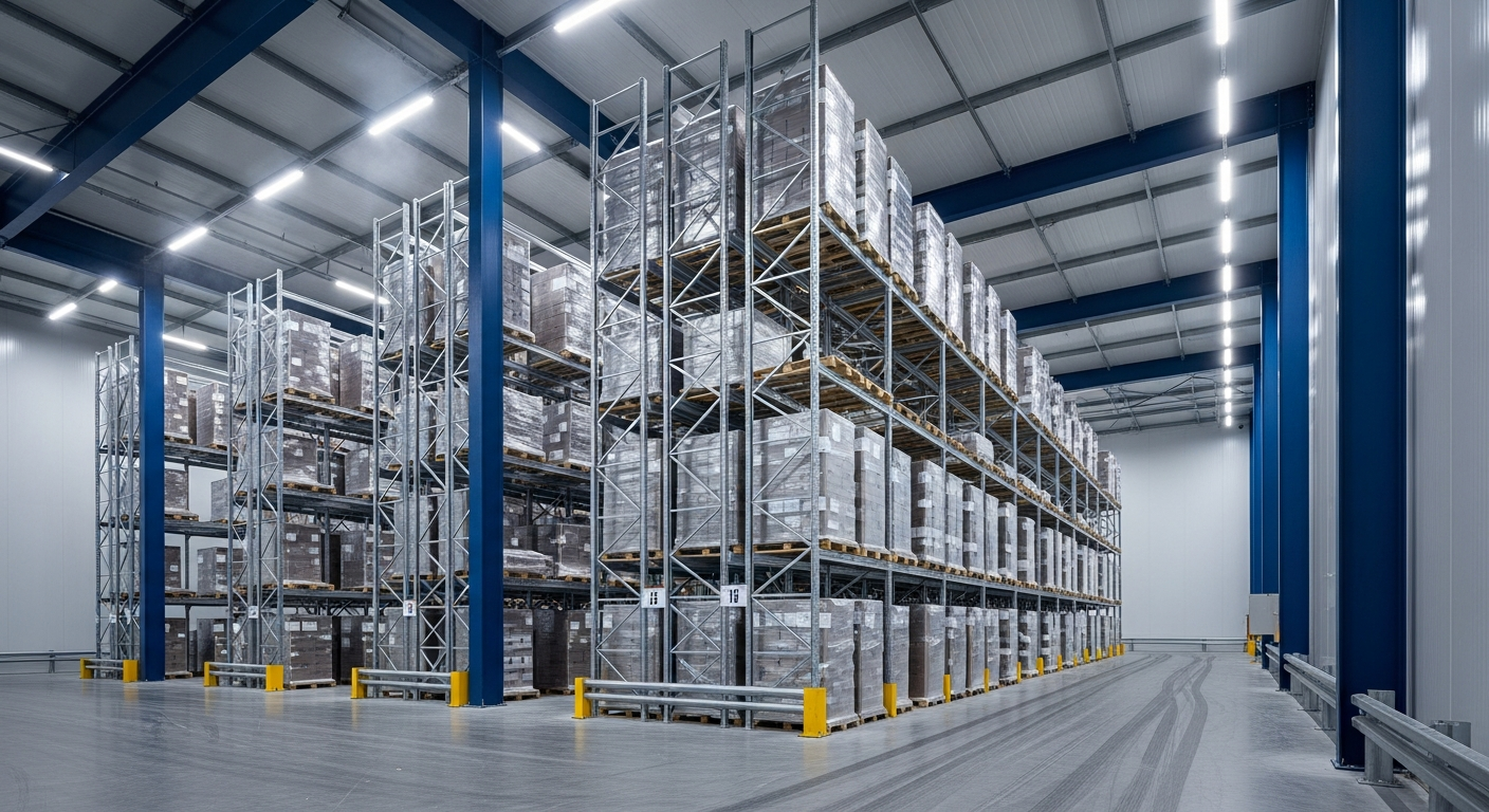 Interior of a modern cold storage warehouse with high metal racks holding wrapped pallets under bright LED lighting.