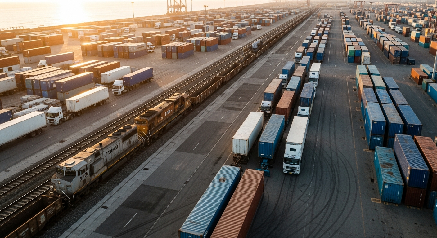 Aerial view of a cargo train and trucks at a busy port terminal with stacked blue shipping containers.