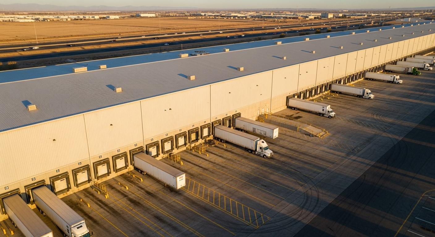 Aerial view of a large warehouse facility in Dubai with loading docks and trucks during late afternoon.