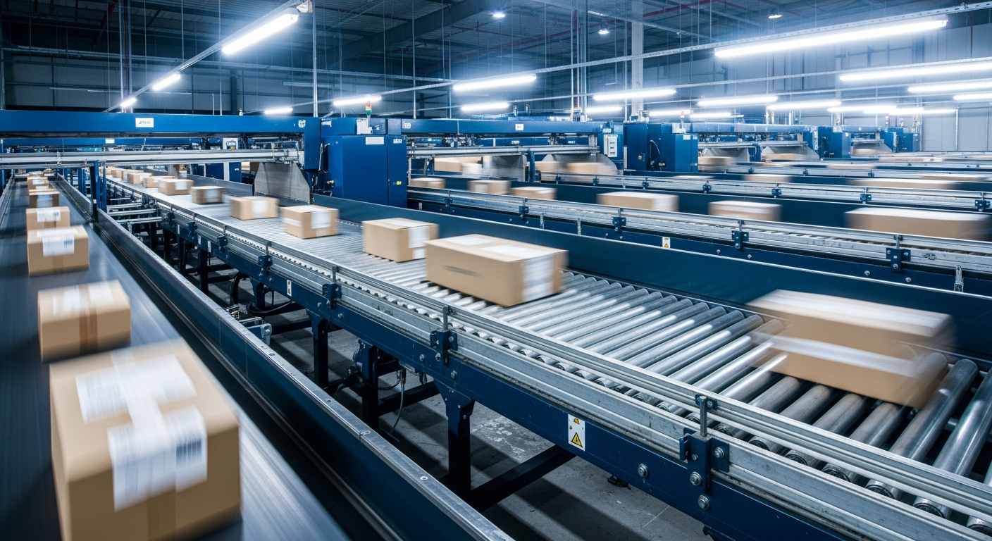 Automated conveyor belts sorting e-commerce parcels inside a modern brightly lit Dubai warehouse.