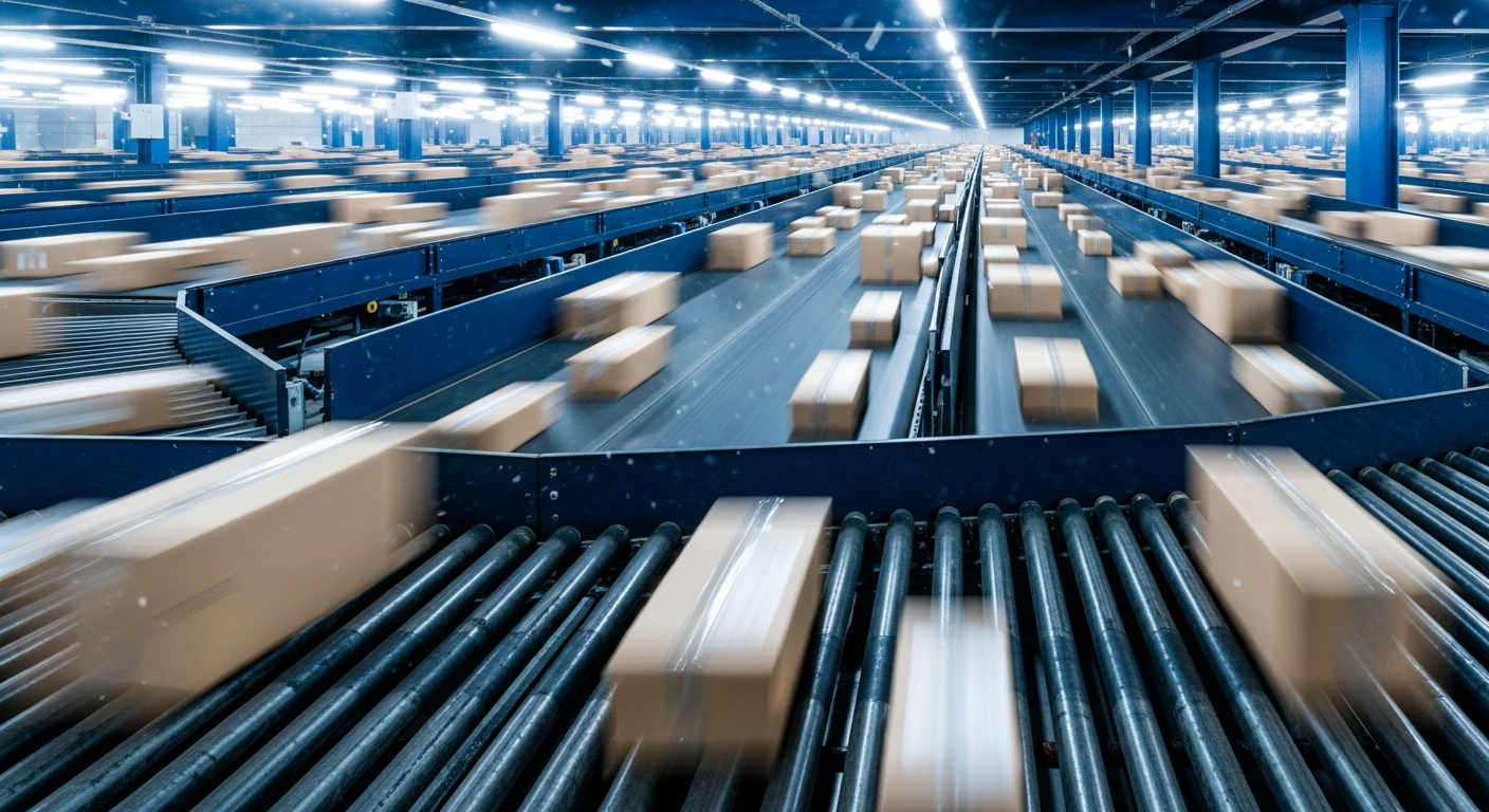 Automated parcel sorting conveyor belt inside a modern Dubai logistics warehouse.