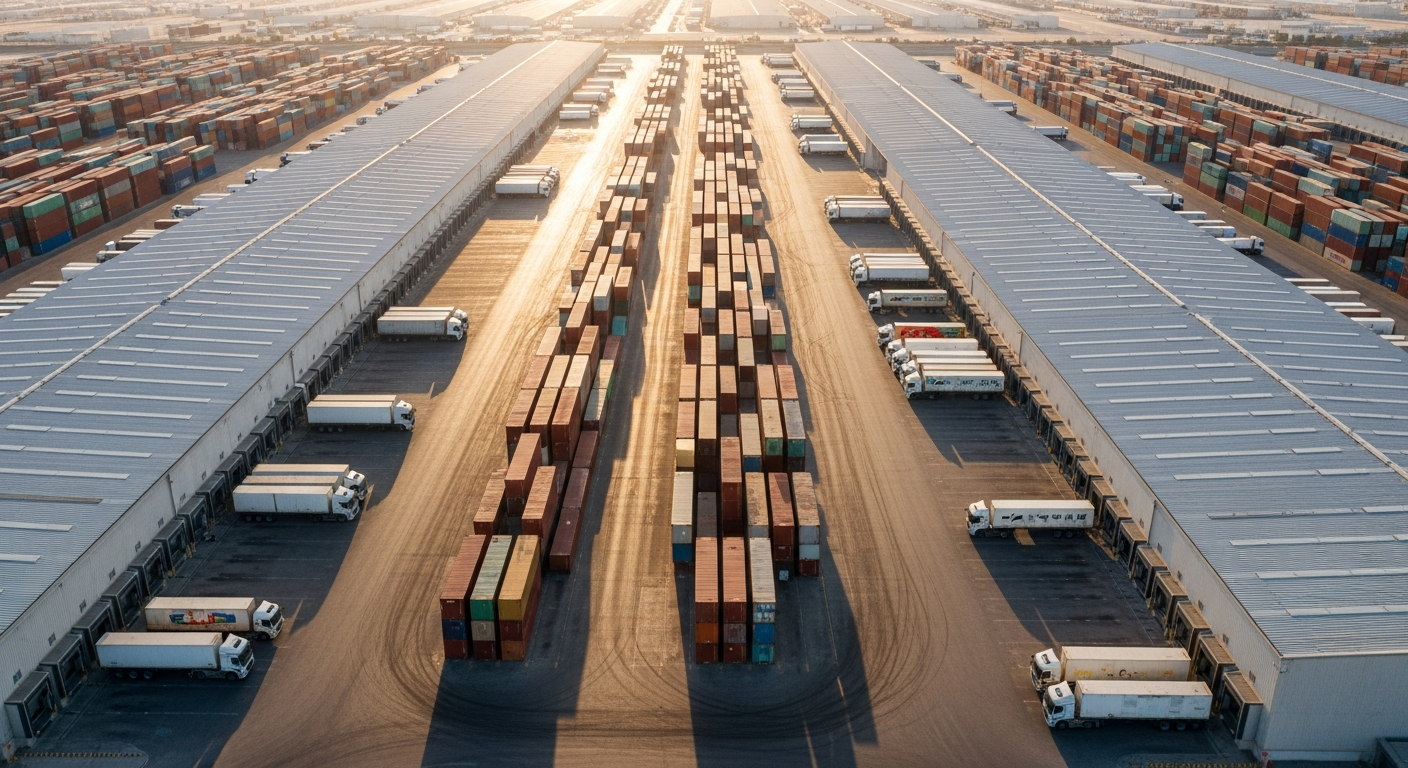 Aerial view of a massive Dubai free zone logistics park with warehouses and shipping containers at golden hour.