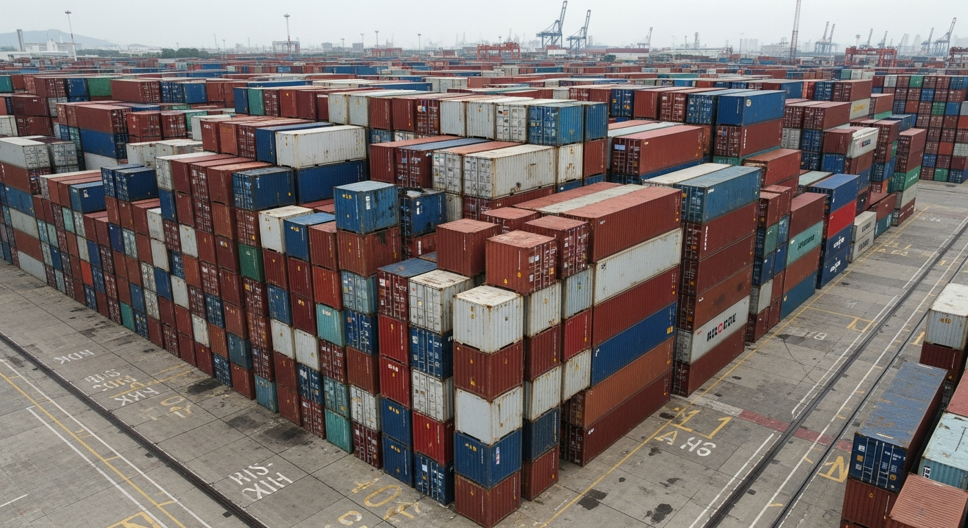 Aerial view of stacked shipping containers at a customs holding area representing freight delays and port bottlenecks.
