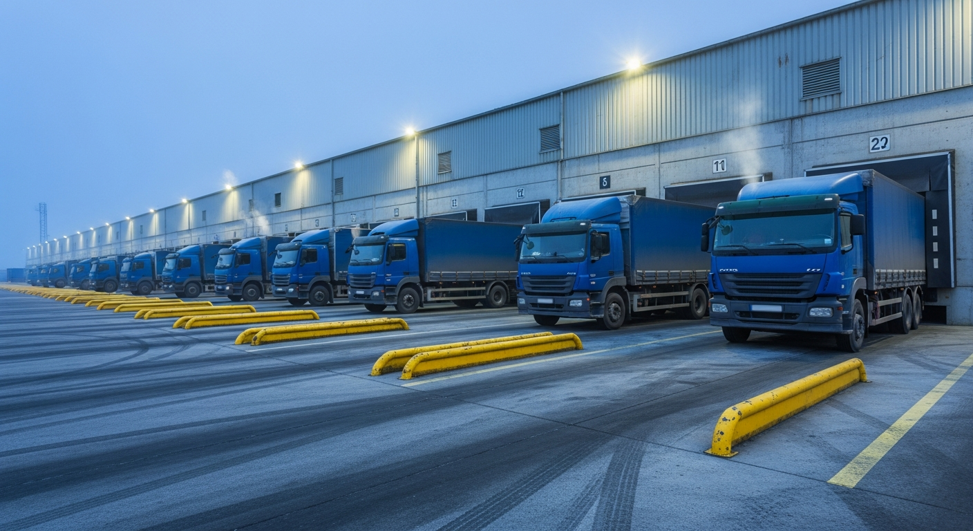 Fleet of cargo trucks at a Dubai loading bay representing freight consolidation and cost optimization.