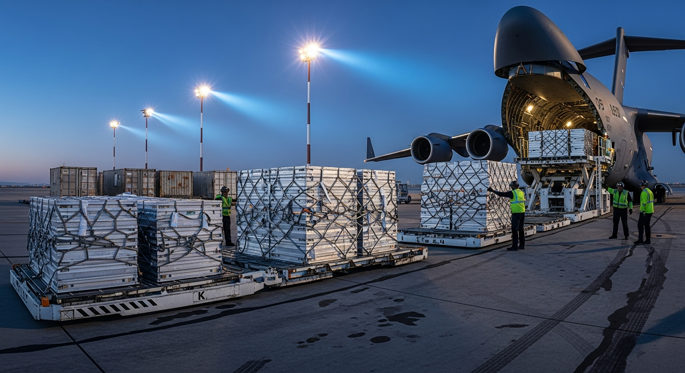 Cargo plane being loaded with freight pallets on the tarmac at Dubai International Airport during early morning blue hour.