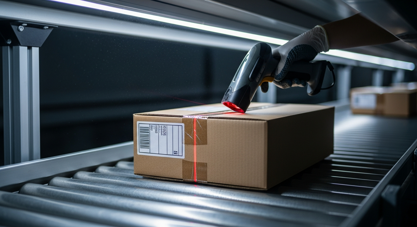 Worker scanning express cargo packages with a handheld laser device on a conveyor belt in a Dubai logistics facility.