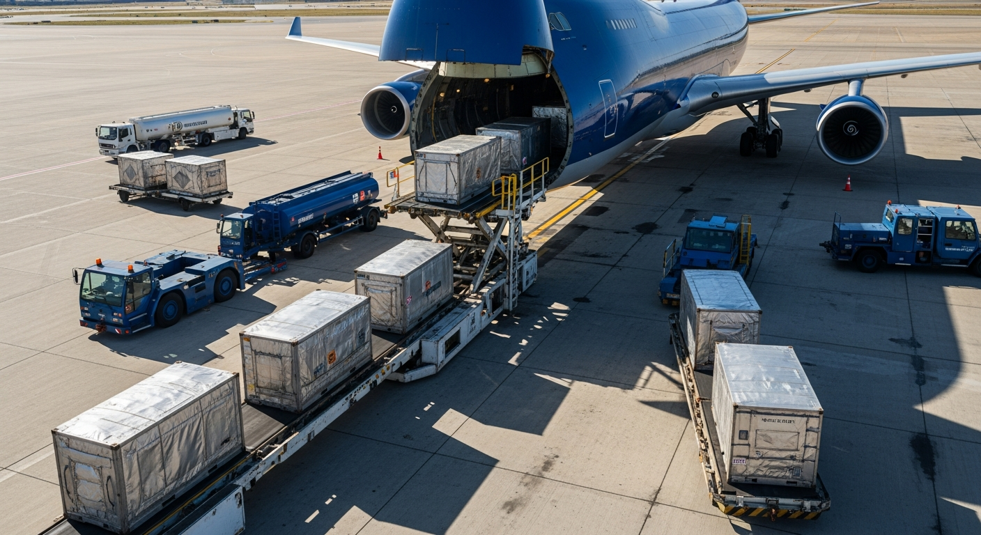 Cargo plane being loaded with freight containers on a sunny airport tarmac.