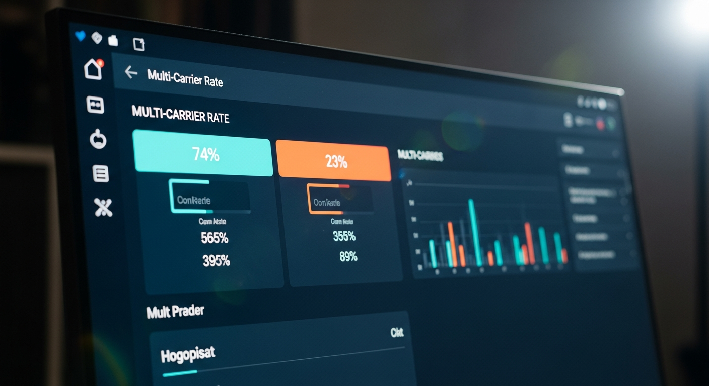 Close-up of a widescreen monitor displaying a dark, glowing AI dashboard for multi-carrier rate comparisons in a dim office.