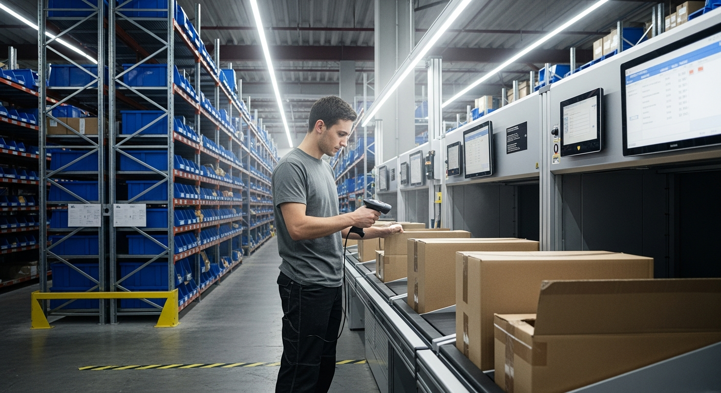 Warehouse worker at a modern picking station with organized racking, showing AI-optimized storage in a Dubai 3PL facility.