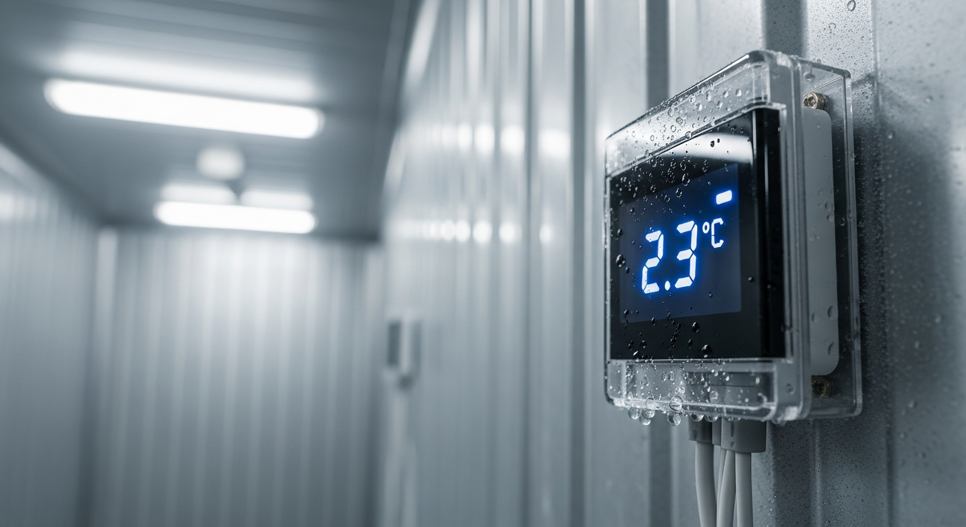 Close-up of a digital IoT temperature sensor on a wall inside a GDP-compliant pharmaceutical cold storage warehouse.