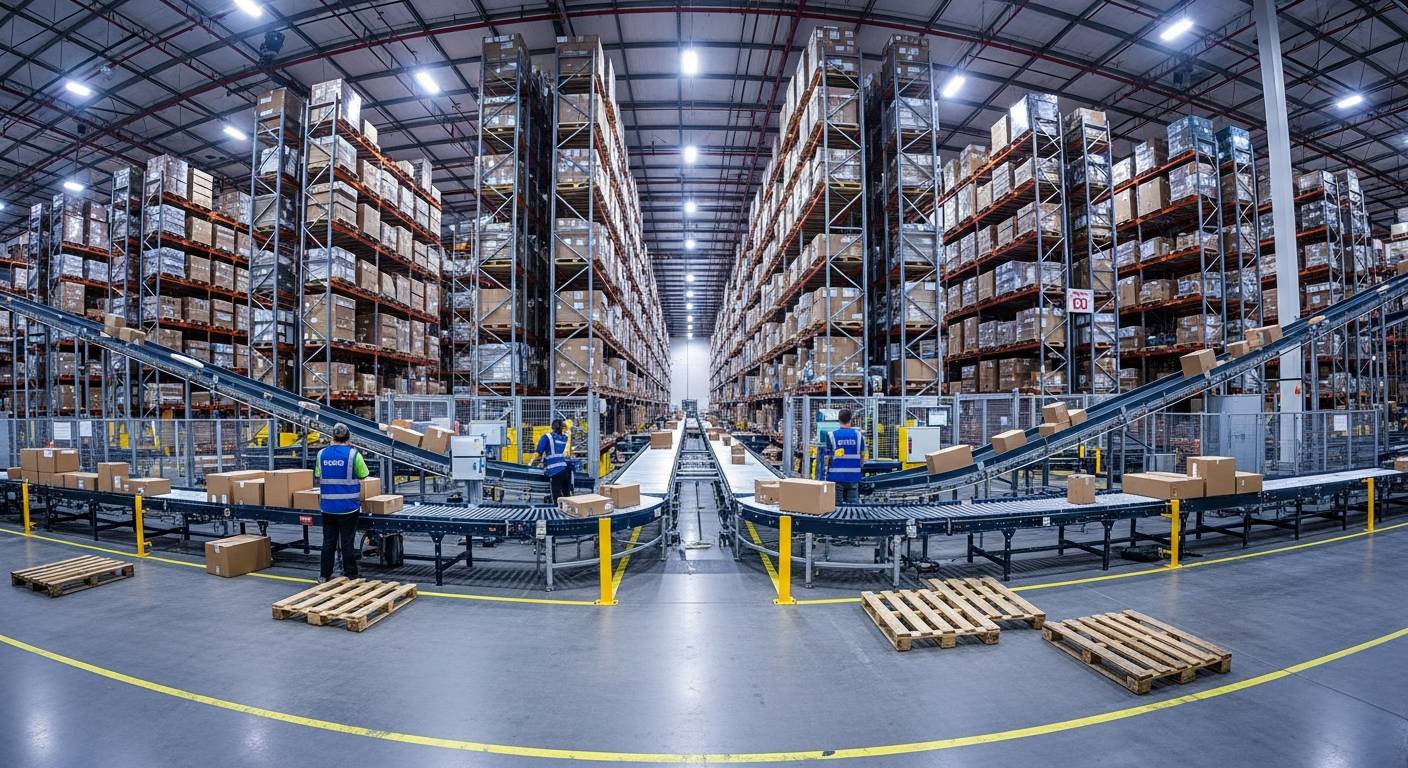 Wide view of a modern Dubai fulfillment warehouse interior with high racking, conveyor belts, and logistics workers.