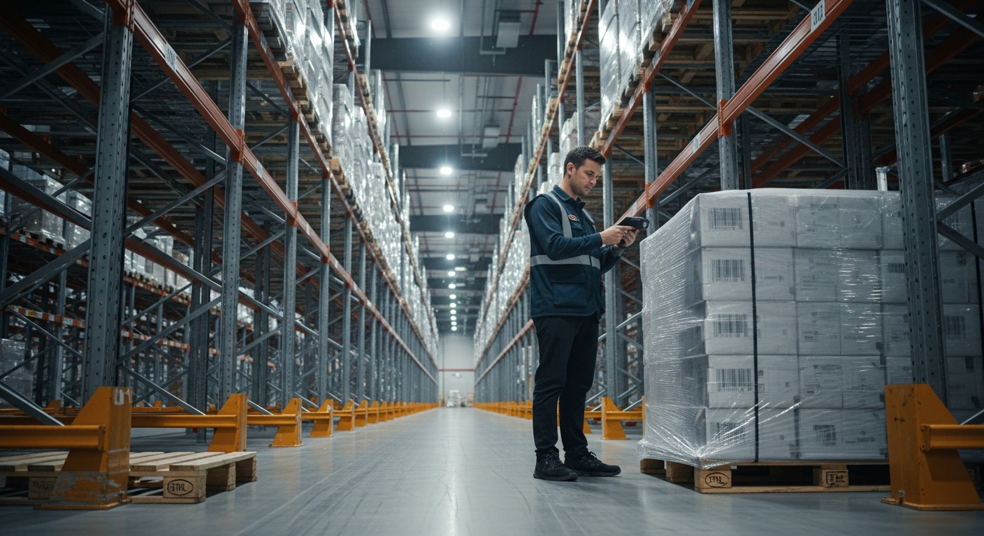 Warehouse worker scanning palletized cargo inside a modern Dubai logistics facility with tall steel racking systems.