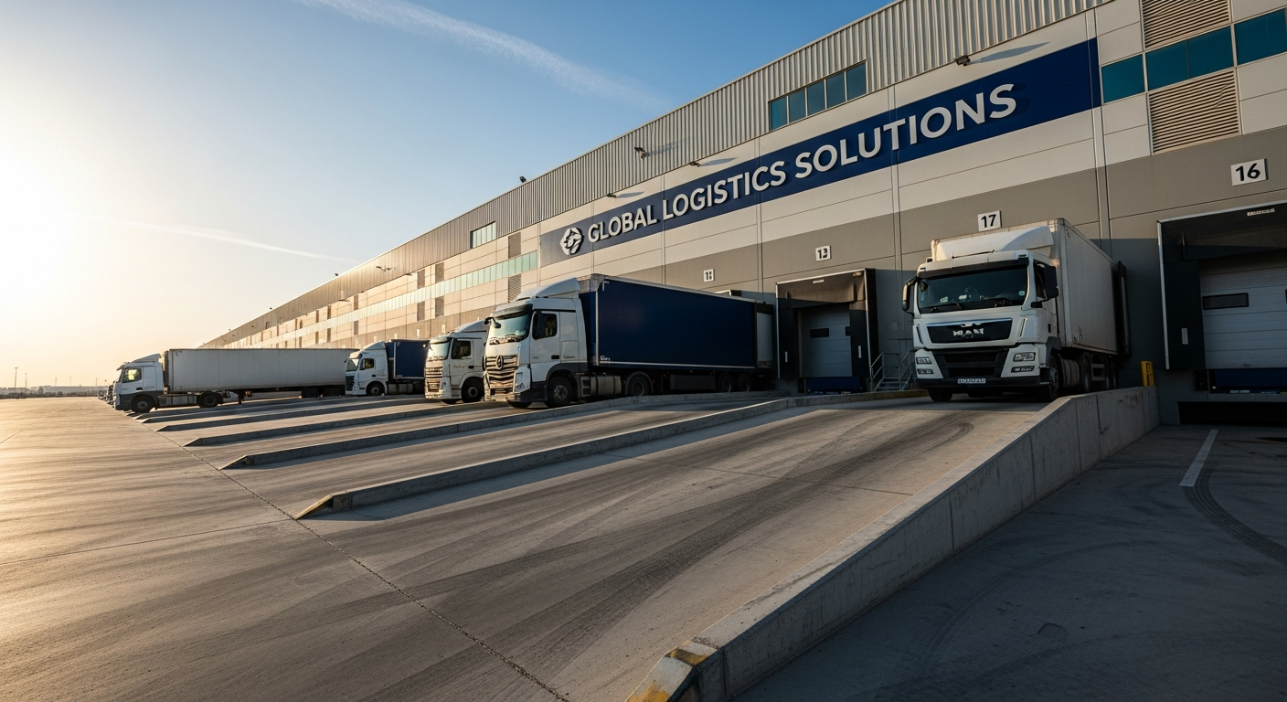 Exterior view of a modern logistics warehouse facility in Jebel Ali Free Zone with loading docks and trucks.