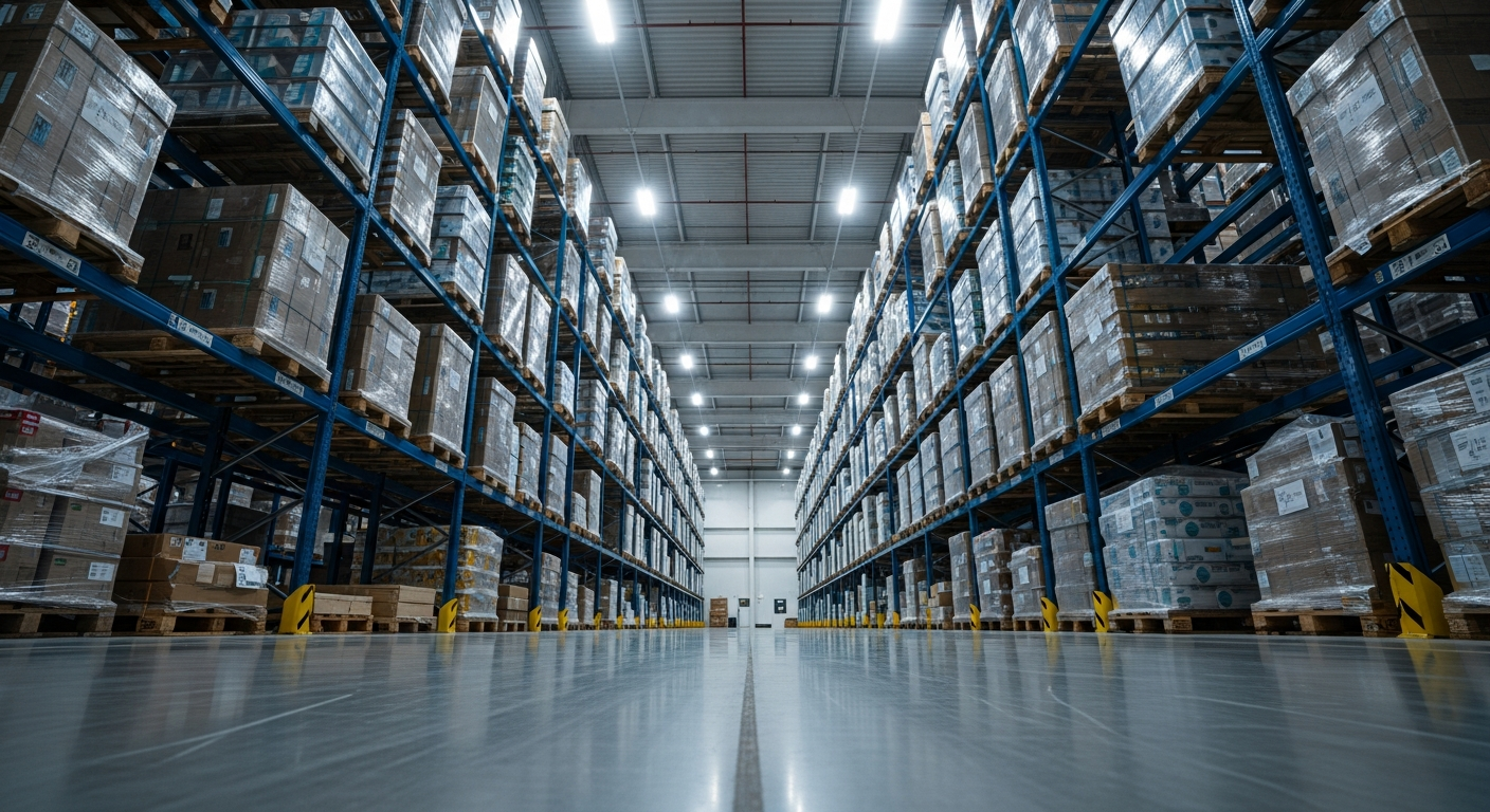 Interior of a spacious, well-organized Dubai bonded warehouse with palletized cargo on dark blue racks.