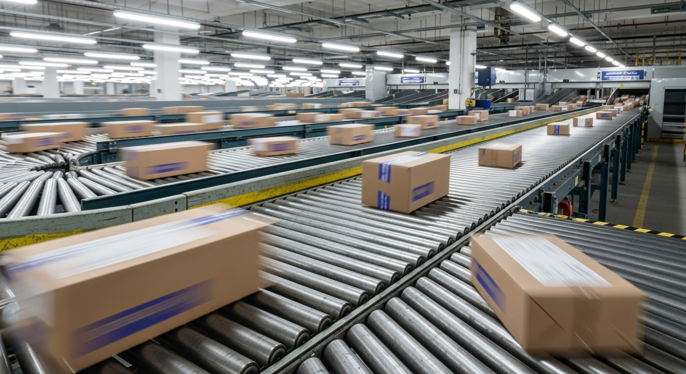 Automated conveyor belt moving packages inside a busy express logistics sorting facility.