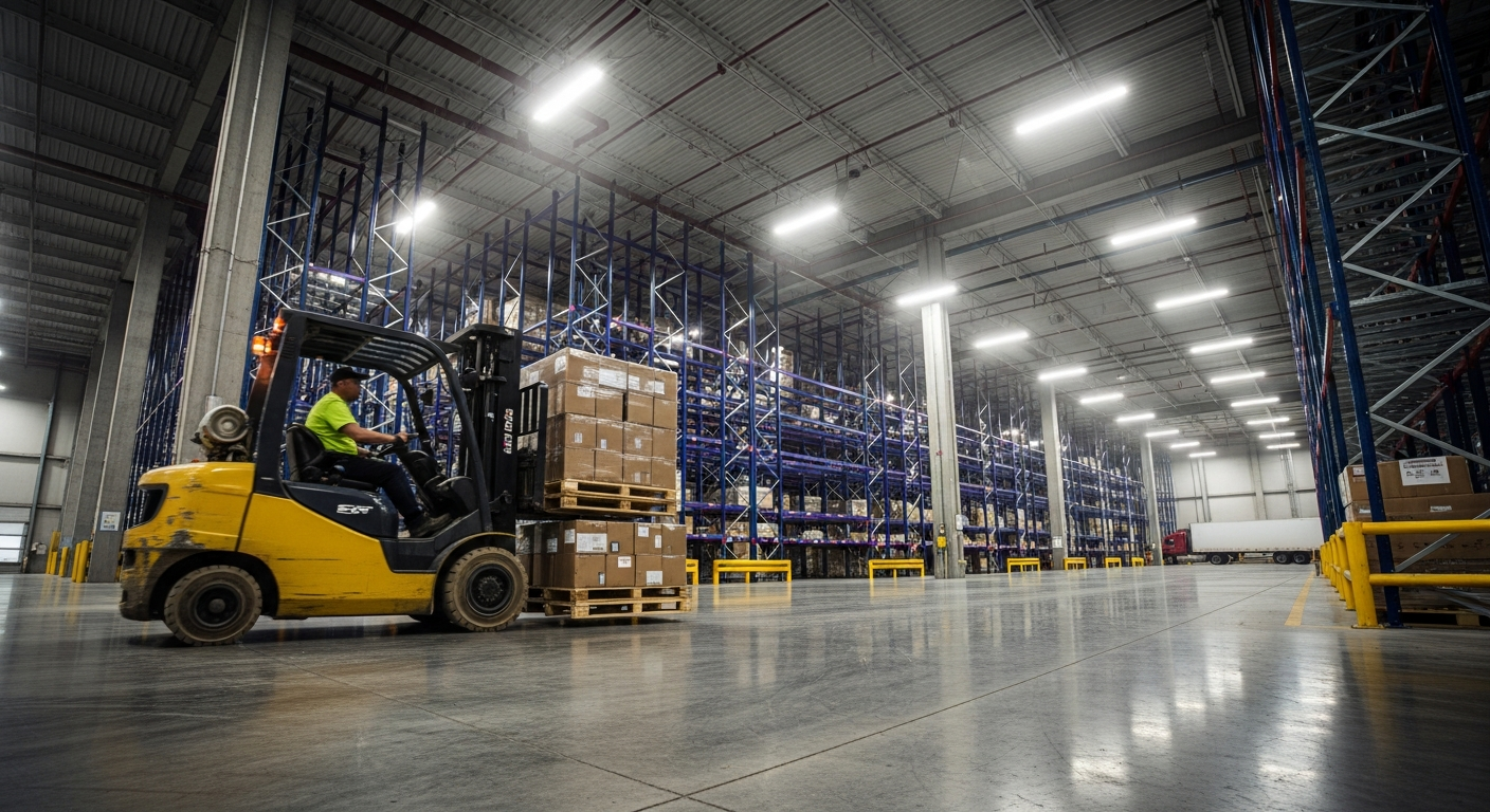 Wide view of a modern integrated logistics warehouse in Dubai showing active cargo handling and high-bay racking.