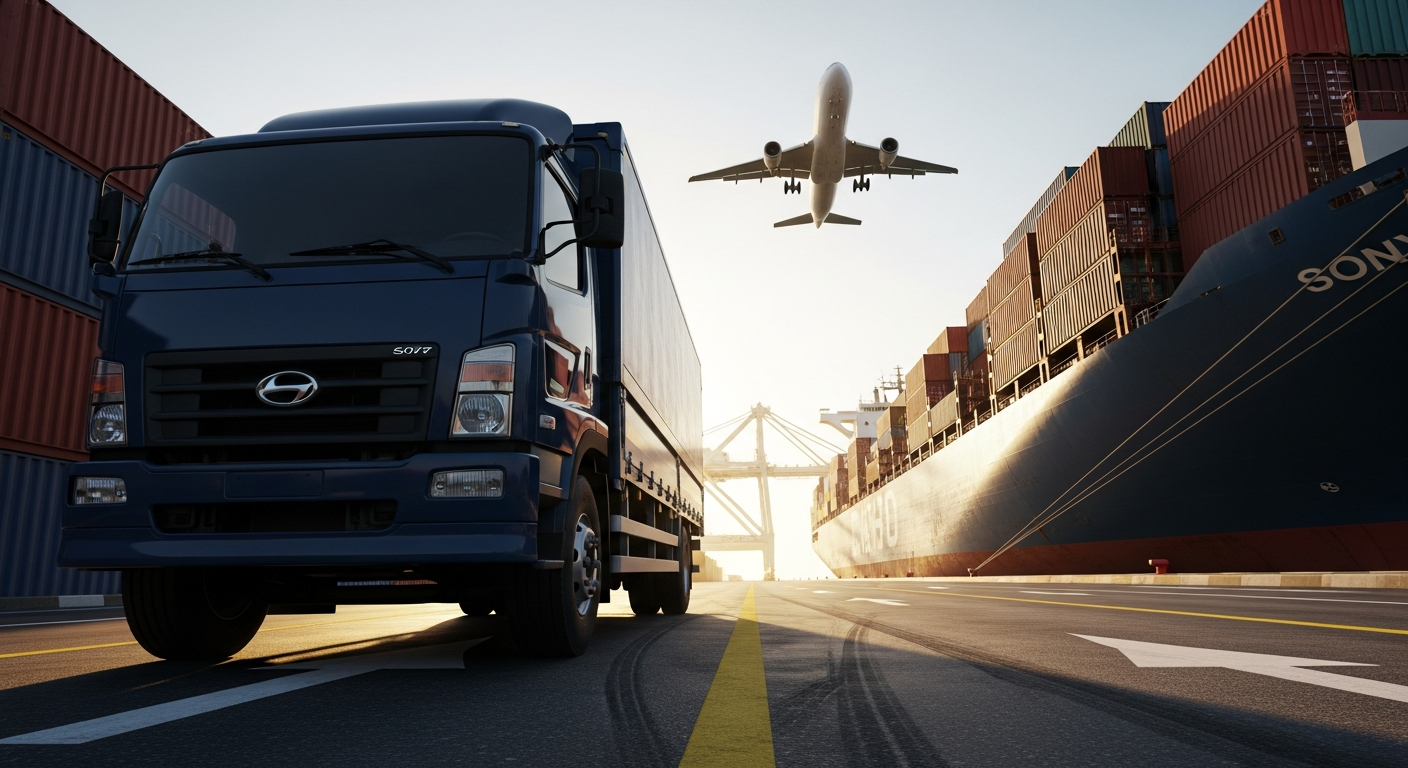 Cargo plane, container ship, and delivery truck operating at a busy UAE logistics hub during sunset.