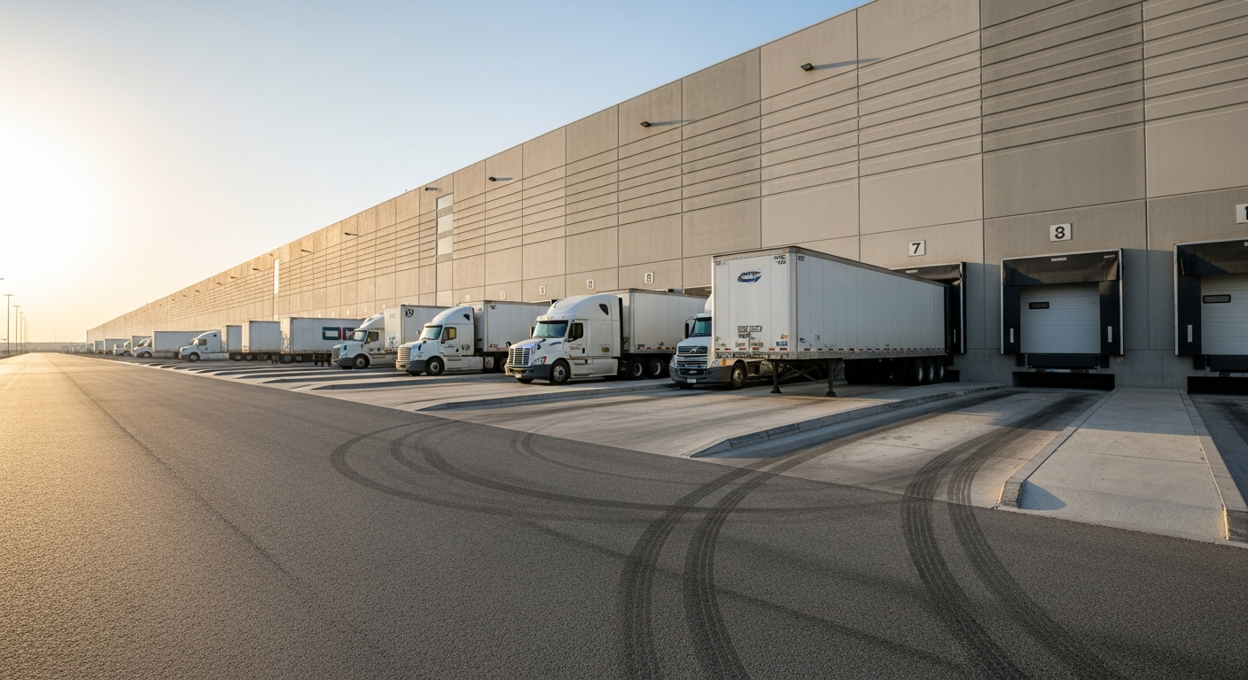 Exterior view of a modern logistics warehouse facility in Jebel Ali Free Zone with loading docks and trucks.